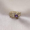 Oro Laminado Multi Stone Ring, Gold Filled Style Bird and Leaf Design, with Amethyst and White Cubic Zirconia, Polished, Golden Finish, 01.196.0023