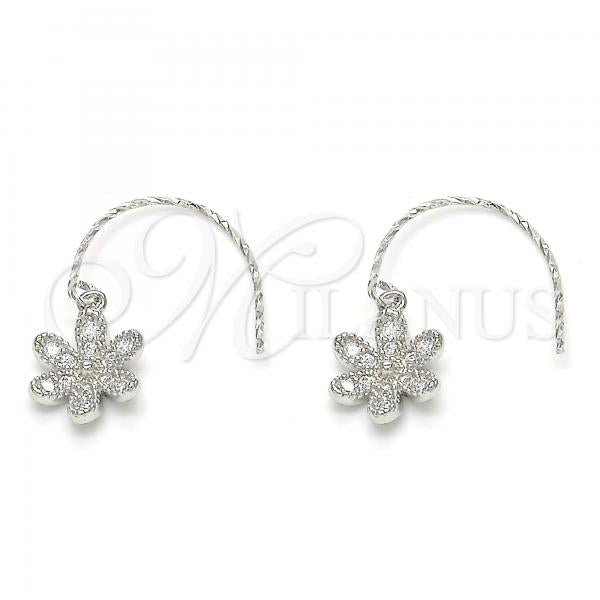 Sterling Silver Dangle Earring, Flower Design, with White Cubic Zirconia, Polished, Rhodium Finish, 02.366.0001