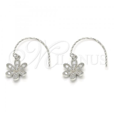 Sterling Silver Dangle Earring, Flower Design, with White Cubic Zirconia, Polished, Rhodium Finish, 02.366.0001