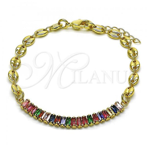 Oro Laminado Fancy Bracelet, Gold Filled Style Puff Mariner Design, with Multicolor Cubic Zirconia, Polished, Golden Finish, 03.130.0013.1.08