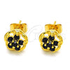 Oro Laminado Stud Earring, Gold Filled Style Flower Design, with Black Cubic Zirconia, Polished, Golden Finish, 02.349.0001.1