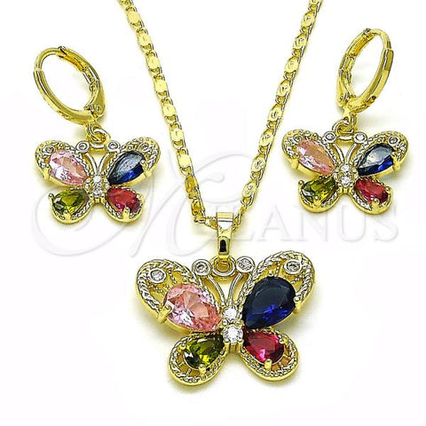 Oro Laminado Earring and Pendant Adult Set, Gold Filled Style Butterfly Design, with Multicolor and White Cubic Zirconia, Polished, Golden Finish, 10.196.0134