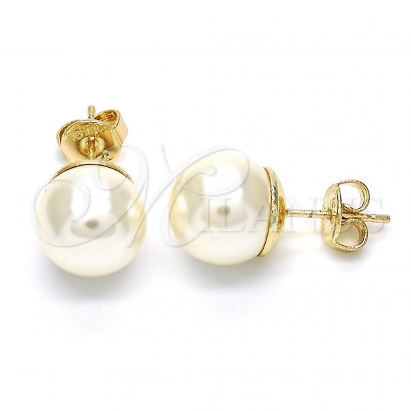 Oro Laminado Stud Earring, Gold Filled Style Ball Design, with Ivory Pearl, Polished, Golden Finish, 02.63.2121