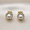Oro Laminado Stud Earring, Gold Filled Style Ball Design, with Ivory Pearl and White Cubic Zirconia, Polished, Golden Finish, 02.156.0719