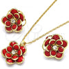 Oro Laminado Earring and Pendant Adult Set, Gold Filled Style Flower Design, with Garnet and White Crystal, Polished, Golden Finish, 10.64.0156.1