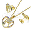 Oro Laminado Earring and Pendant Adult Set, Gold Filled Style Heart and Owl Design, with Multicolor Micro Pave, Polished, Golden Finish, 10.316.0043