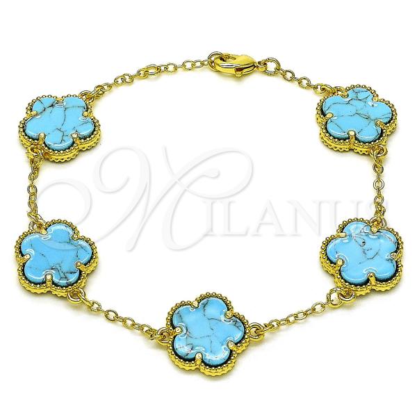 Oro Laminado Fancy Bracelet, Gold Filled Style Flower and Rolo Design, with Turquoise Opal, Polished, Golden Finish, 03.313.0043.4.08