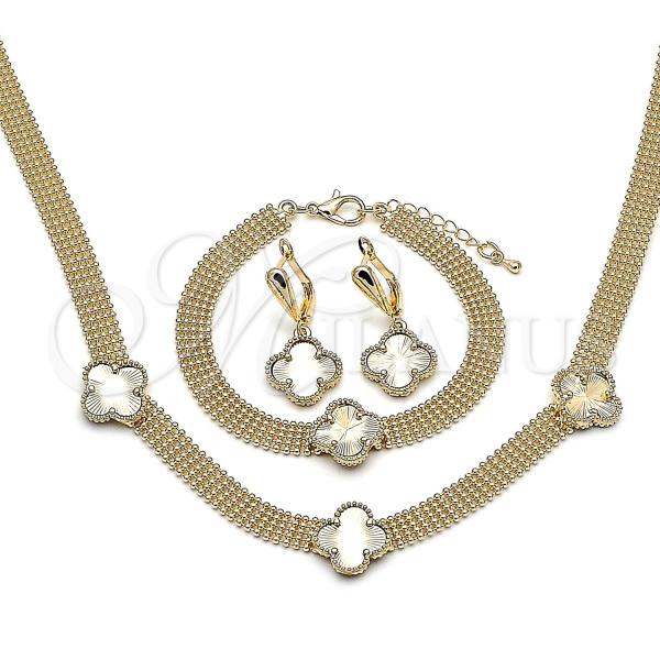 Oro Laminado Necklace, Bracelet, Earring and Ring, Gold Filled Style Four-leaf Clover Design, Diamond Cutting Finish, Golden Finish, 06.372.0082