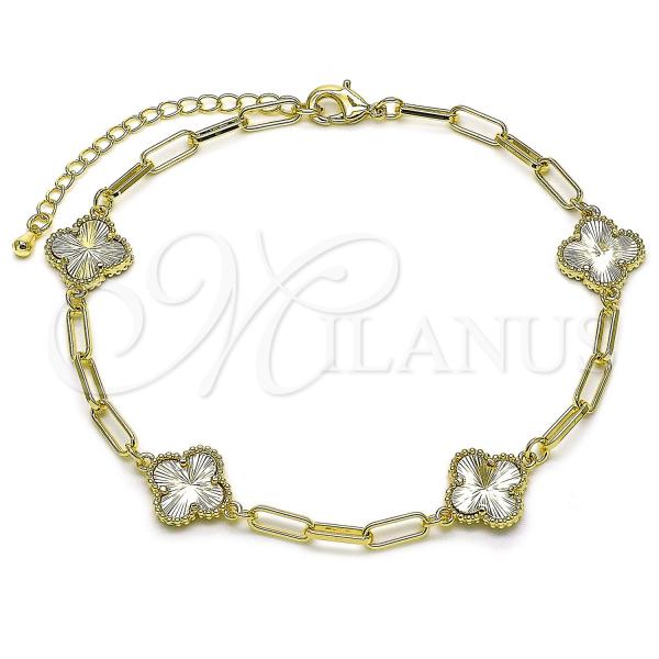 Oro Laminado Fancy Anklet, Gold Filled Style Four-leaf Clover and Paperclip Design, Diamond Cutting Finish, Golden Finish, 03.319.0016.10