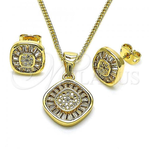 Oro Laminado Earring and Pendant Adult Set, Gold Filled Style Baguette and Cluster Design, with White Cubic Zirconia and White Micro Pave, Polished, Golden Finish, 10.342.0097
