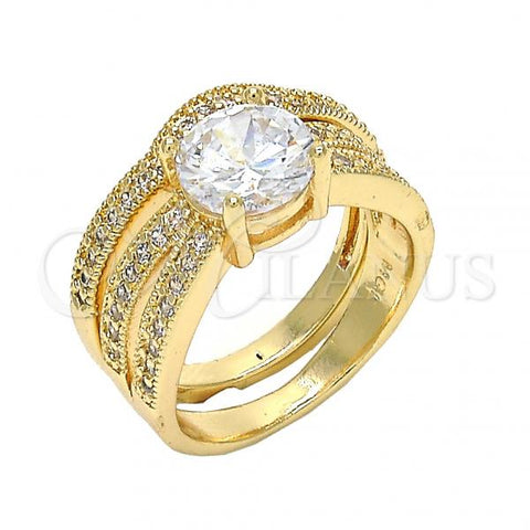 Oro Laminado Wedding Ring, Gold Filled Style Duo Design, with White Cubic Zirconia, Polished, Golden Finish, 01.284.0027.08 (Size 8)