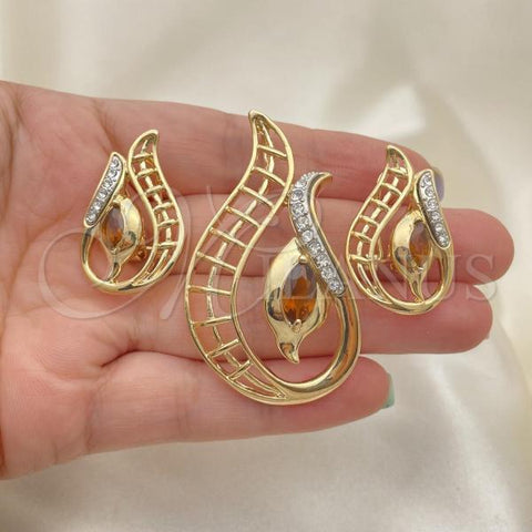 Oro Laminado Earring and Pendant Adult Set, Gold Filled Style with Brown Opal and White Crystal, Polished, Golden Finish, 10.91.0338