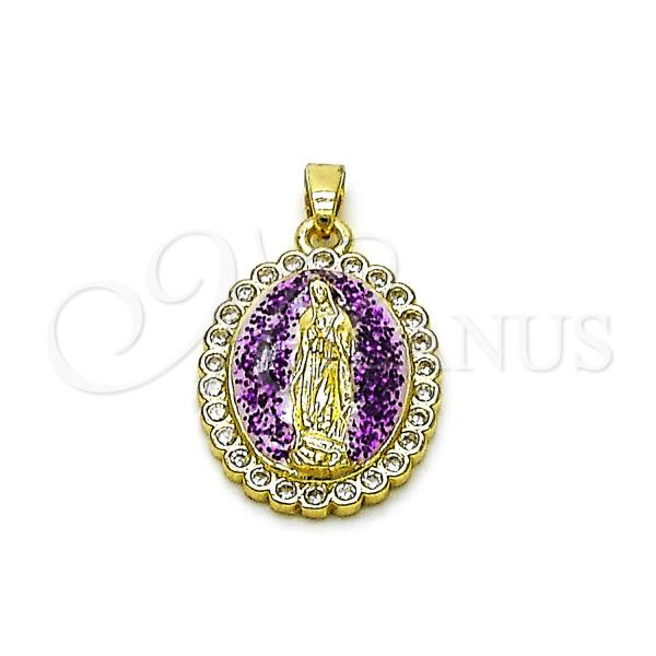 Oro Laminado Religious Pendant, Gold Filled Style Guadalupe Design, with White Cubic Zirconia, Purple Enamel Finish, Golden Finish, 05.284.0019.4