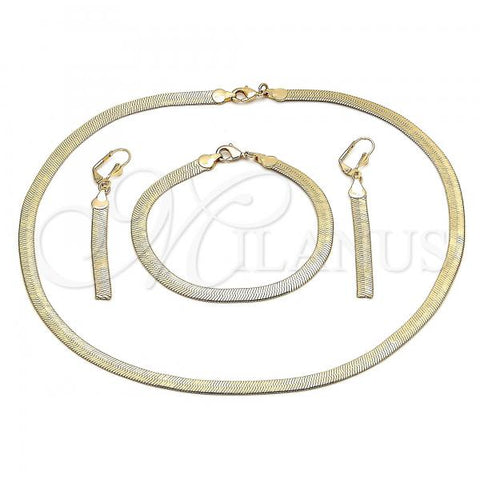 Oro Laminado Necklace, Bracelet and Earring, Gold Filled Style Rat Tail Design, Diamond Cutting Finish, Golden Finish, 06.372.0052