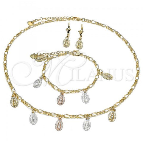 Oro Laminado Necklace, Bracelet and Earring, Gold Filled Style Guadalupe Design, Polished, Tricolor, 06.351.0002