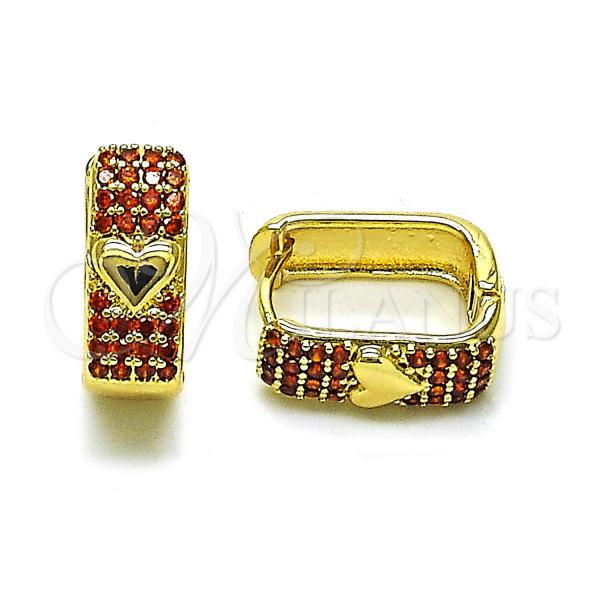 Oro Laminado Huggie Hoop, Gold Filled Style Heart Design, with Garnet Cubic Zirconia, Polished, Golden Finish, 02.210.0889.1.14