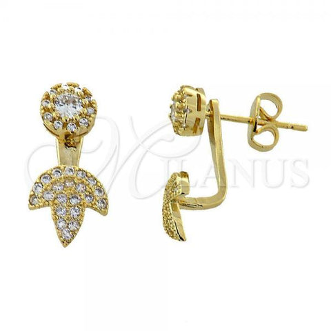 Oro Laminado Stud Earring, Gold Filled Style Flower and Leaf Design, with White Micro Pave, Polished, Golden Finish, 02.199.0003