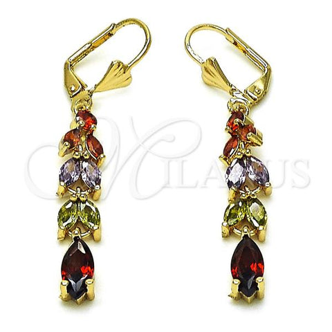 Oro Laminado Long Earring, Gold Filled Style Leaf Design, with Multicolor Cubic Zirconia, Polished, Golden Finish, 02.210.0834.2