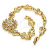 Oro Laminado Fancy Bracelet, Gold Filled Style Flower Design, with White Cubic Zirconia, Polished, Golden Finish, 03.205.0029.07