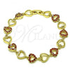 Oro Laminado Fancy Bracelet, Gold Filled Style Heart Design, with Garnet Cubic Zirconia, Polished, Golden Finish, 03.284.0018.1.08