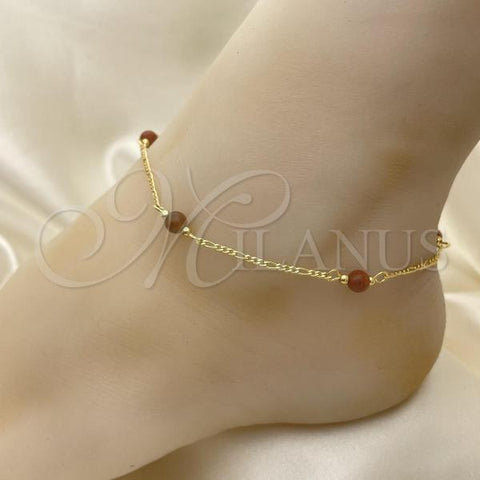 Oro Laminado Fancy Anklet, Gold Filled Style Ball and Figaro Design, Polished, Golden Finish, 03.32.0625.10