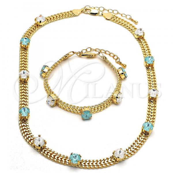 Oro Laminado Necklace and Bracelet, Gold Filled Style with Aqua Blue and White Cubic Zirconia, Polished, Golden Finish, 06.185.0015