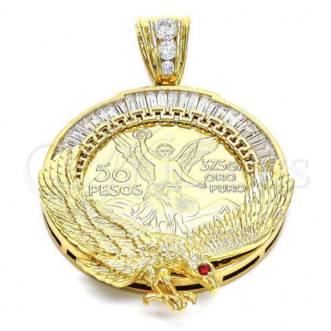 Oro Laminado Fancy Pendant, Gold Filled Style Eagle and Centenario Coin Design, with Garnet and White Cubic Zirconia, Polished, Golden Finish, 05.26.0041