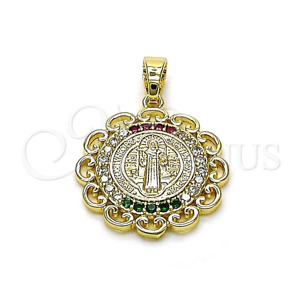 Oro Laminado Religious Pendant, Gold Filled Style San Benito Design, with Multicolor Cubic Zirconia, Polished, Golden Finish, 05.210.0008.1