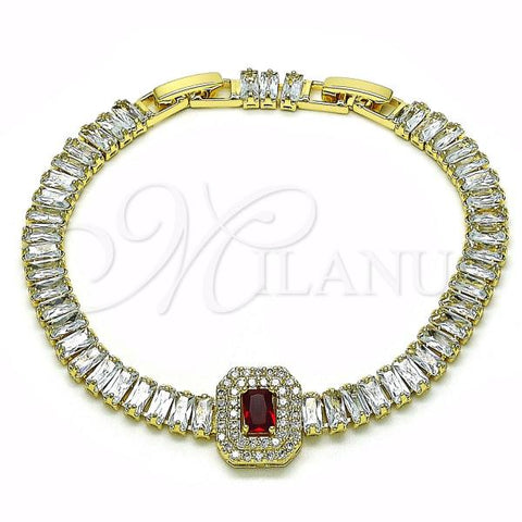 Oro Laminado Tennis Bracelet, Gold Filled Style Baguette Design, with Garnet and White Cubic Zirconia, Polished, Golden Finish, 03.284.0037.1.08