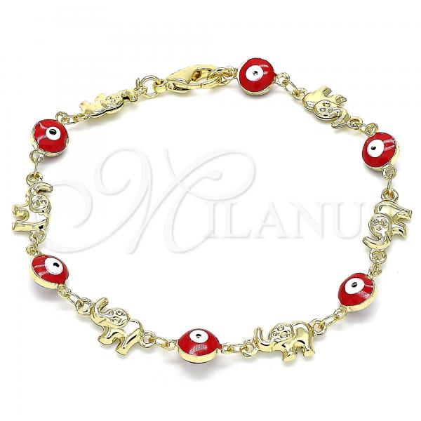 Oro Laminado Fancy Bracelet, Gold Filled Style Evil Eye and Elephant Design, Red Enamel Finish, Golden Finish, 03.351.0107.07