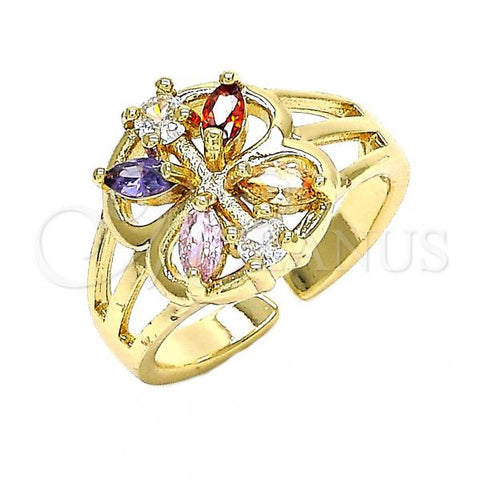 Oro Laminado Multi Stone Ring, Gold Filled Style Flower Design, with Multicolor Cubic Zirconia, Polished, Golden Finish, 01.210.0084 (One size fits all)