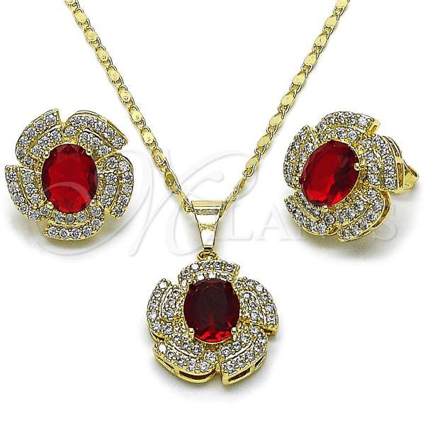 Oro Laminado Earring and Pendant Adult Set, Gold Filled Style Cluster and Flower Design, with Garnet and White Cubic Zirconia, Polished, Golden Finish, 10.284.0044.2