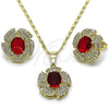 Oro Laminado Earring and Pendant Adult Set, Gold Filled Style Cluster and Flower Design, with Garnet and White Cubic Zirconia, Polished, Golden Finish, 10.284.0044.2