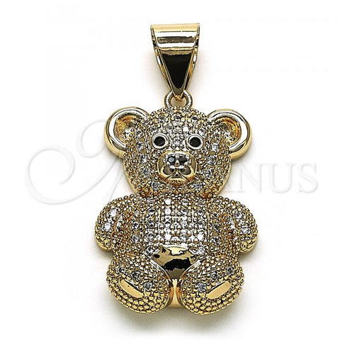 Oro Laminado Religious Pendant, Gold Filled Style Teddy Bear Design, with White and Black Micro Pave, Polished, Golden Finish, 05.342.0098