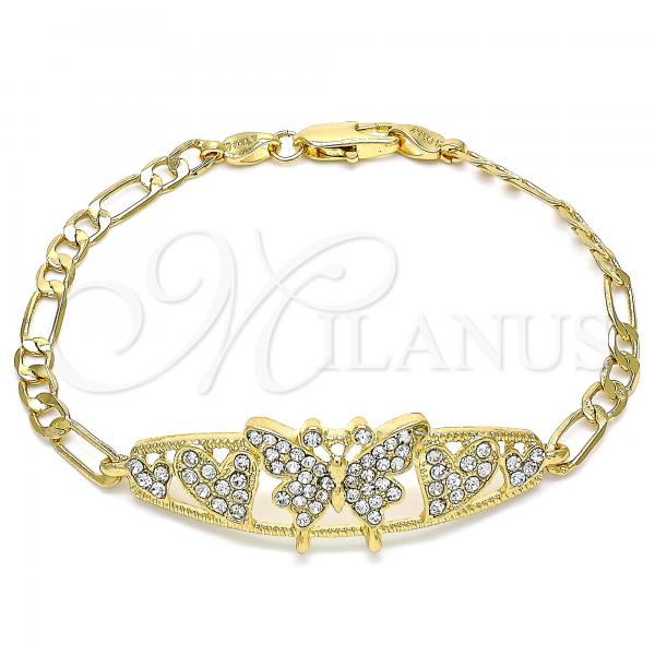 Oro Laminado Fancy Bracelet, Gold Filled Style Butterfly and Heart Design, with White Crystal, Polished, Golden Finish, 03.380.0052.08