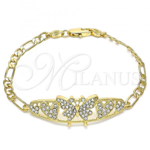 Oro Laminado Fancy Bracelet, Gold Filled Style Butterfly and Heart Design, with White Crystal, Polished, Golden Finish, 03.380.0052.08