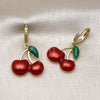 Oro Laminado Dangle Earring, Gold Filled Style Cherry Design, with White Micro Pave, Red Enamel Finish, Golden Finish, 02.417.0002