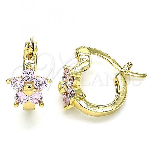 Oro Laminado Small Hoop, Gold Filled Style Flower Design, with Pink Cubic Zirconia, Polished, Golden Finish, 02.210.0502.2.10