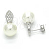 Sterling Silver Stud Earring, Teardrop Design, with Ivory Pearl and White Micro Pave, Polished, Rhodium Finish, 02.186.0072