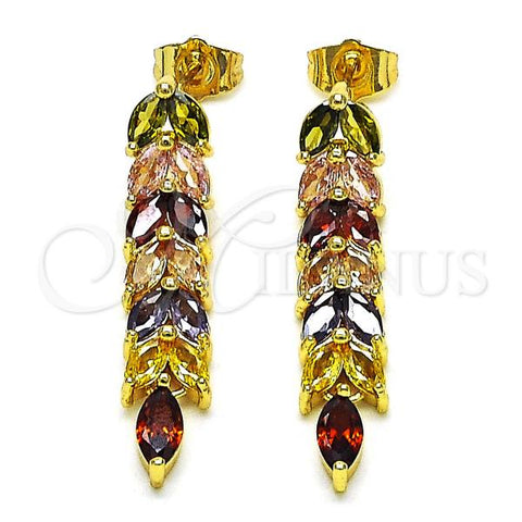 Oro Laminado Long Earring, Gold Filled Style Leaf Design, with Multicolor Cubic Zirconia, Polished, Golden Finish, 02.346.0018.2