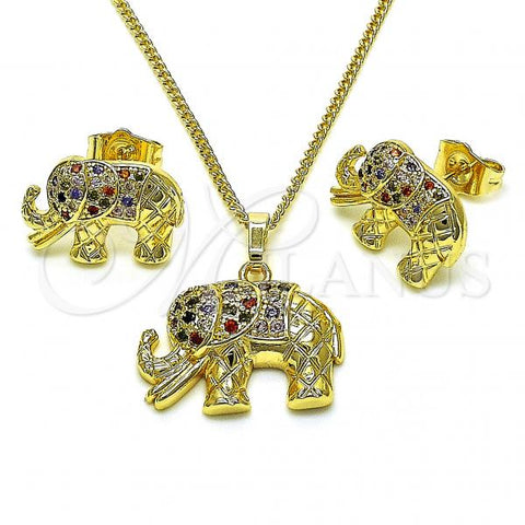 Oro Laminado Earring and Pendant Adult Set, Gold Filled Style Elephant Design, with Multicolor and Black Micro Pave, Polished, Golden Finish, 10.284.0026.1