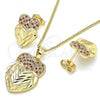 Oro Laminado Earring and Pendant Adult Set, Gold Filled Style Heart Design, with Garnet and White Micro Pave, Diamond Cutting Finish, Golden Finish, 10.233.0040.7