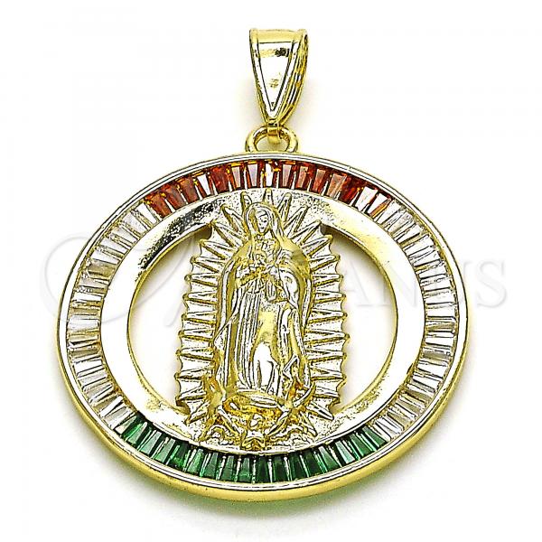 Oro Laminado Religious Pendant, Gold Filled Style Guadalupe and Baguette Design, with Garnet and White Cubic Zirconia, Polished, Golden Finish, 05.253.0177