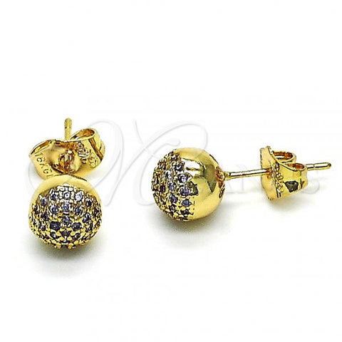 Oro Laminado Stud Earring, Gold Filled Style with Amethyst Micro Pave, Polished, Golden Finish, 02.156.0424.6