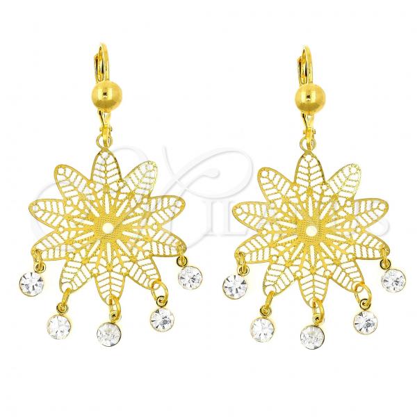 Oro Laminado Chandelier Earring, Gold Filled Style Flower and Filigree Design, with White Crystal, Polished, Golden Finish, 02.211.0007