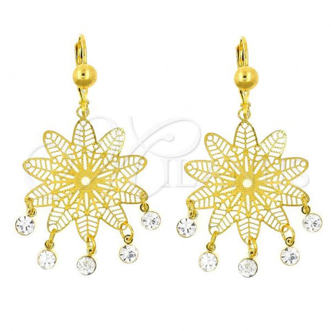 Oro Laminado Chandelier Earring, Gold Filled Style Flower and Filigree Design, with White Crystal, Polished, Golden Finish, 02.211.0007