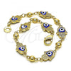Oro Laminado Fancy Bracelet, Gold Filled Style Hand of God and Heart Design, Blue Enamel Finish, Golden Finish, 03.213.0146.08