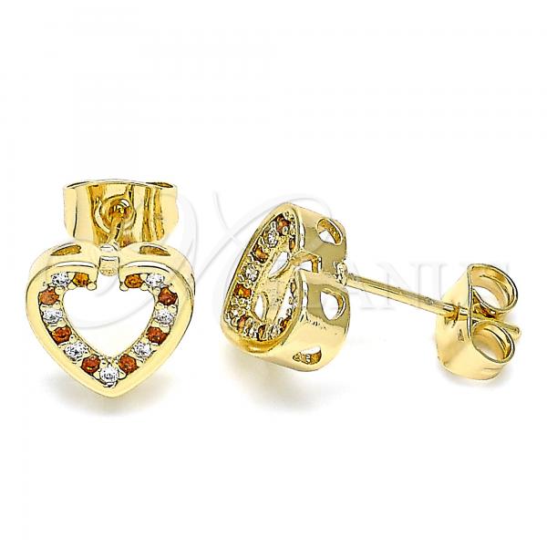 Oro Laminado Stud Earring, Gold Filled Style Heart Design, with Garnet and White Micro Pave, Polished, Golden Finish, 02.344.0013.2