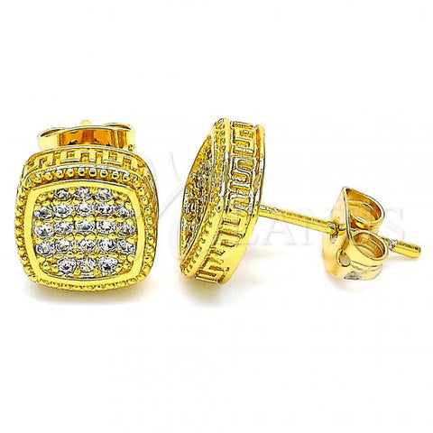 Oro Laminado Stud Earring, Gold Filled Style Greek Key Design, with White Cubic Zirconia, Polished, Golden Finish, 02.342.0043