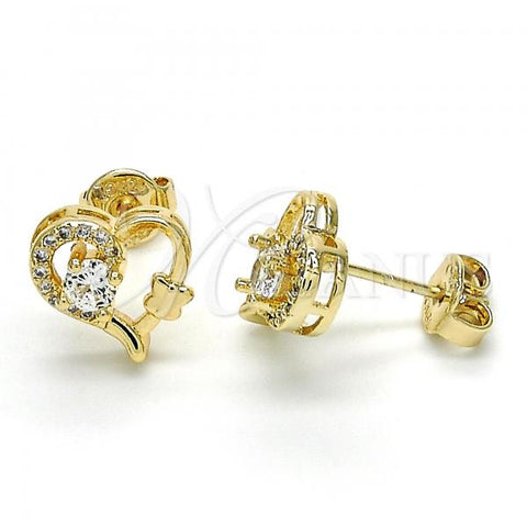 Oro Laminado Stud Earring, Gold Filled Style Heart and Butterfly Design, with White Cubic Zirconia and White Micro Pave, Polished, Golden Finish, 02.156.0295